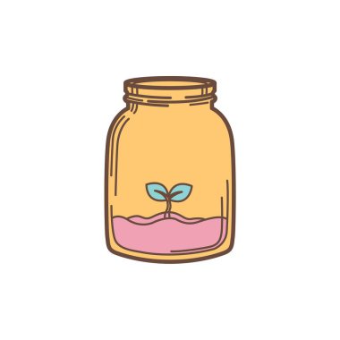 Cam kavanozun içinde büyüyen küçük yeşil bir filiz. Kapalı alanda bahçıvanlığı, yeni yaşamı, büyümeyi ve sürdürülebilir ekosistemleri sembolize eder.