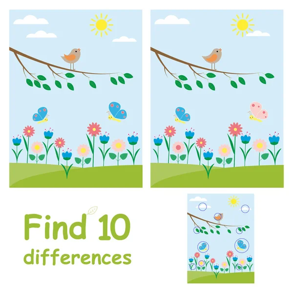 Çocuklar için eğitici bir oyun. 10 farklılık bul. Manzara, kuş, kelebekler ve çiçekler.
