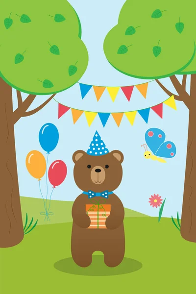 stock image Cute bear in the forest. The bear is holding a gift. Bright illustration.