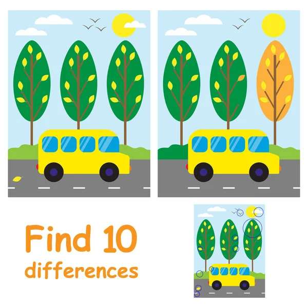 Gra Edukacyjna Dla Dzieci Znajdź Różnic Autobus Szkolny Jedzie Ulicą — Zdjęcie stockowe