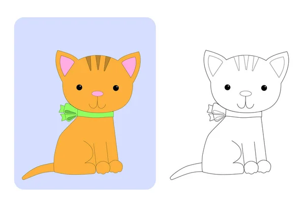 彩色页面 可爱的小猫 带着绿色的弓 — 图库照片