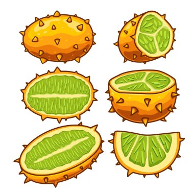 Farklı açılardan dilimlenmiş boynuzlu karpuzlar eğitici materyal ve sunumlar için idealdir..