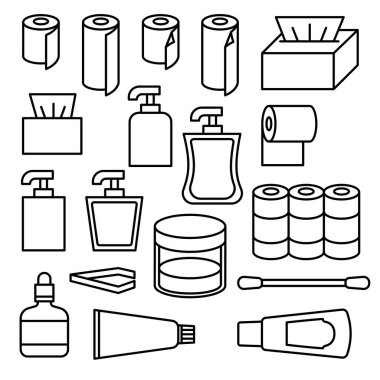 Hijyenin minimalist düz simgeleri (tuvalet kağıdı, makbuzlar, planlar, vb.). Kalın, ölçeklenebilir, baskı, hijyen, ofis veya inşaatla ilgili baskı veya dijital tasarımlar için ideal.