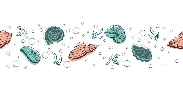 Cute Ręcznie Rysowane Muszle Morskie Bezszwowe Poziome Wzór Letnie Tło — Wektor stockowy