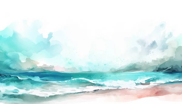 Abstrakte Aquarelllandschaft Mit Meereslandschaft Und Kühlen Wellen Handgezeichnete Illustration Für — Stockvektor
