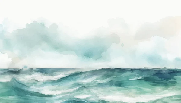 海と涼しい波と抽象的な水彩画の風景 緑と深い色であなたのデザインと背景のための手描きイラスト — ストックベクタ