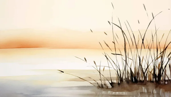 日没の太陽の下で草と夜の海の水彩画のイラスト カード デザイン — ストックベクタ
