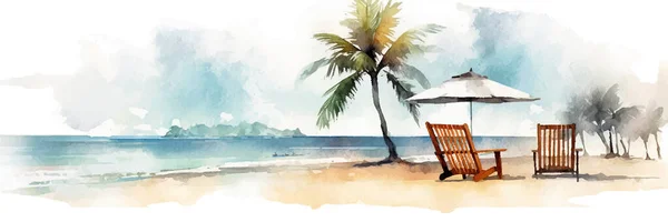 带有海景 棕榈和躺椅的水彩景观 用深绿色和深蓝色手绘图解你的设计和背景 — 图库矢量图片