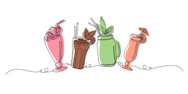 Kokteyller aralıksız bir sanat tarzıyla ayarlandı. Vektör doğrusal soyut çizim. Parti, bar, restorasyon, parmak izi, tekstil, posterler, kartlar için kulüp elemanı. Taze ve soğuk alkol.. 