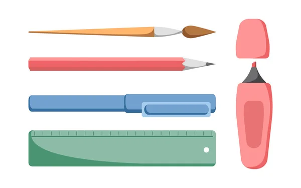 Supplies Set Pen Pencil Brush Ruler Marker Isolated Illustrations Office — Stock Vector