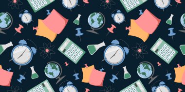 Kolejin kusursuz deseni ya da beyaz arka planda okul kırtasiyesi. Küre, iğne, hesap makinesi, notlar, test tüpü. Ofis veya okul teması için mükemmel, ambalaj kağıdı, poster ve afiş, tekstil