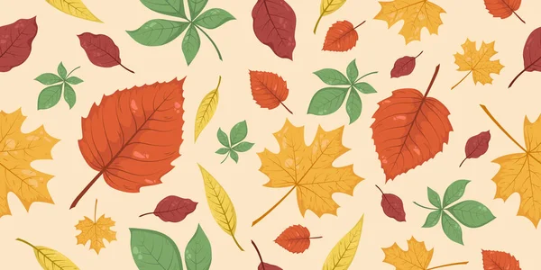 Nahtloses Muster Mit Herbstblättern Beige Rot Braun Grün Und Gelb — Stockvektor