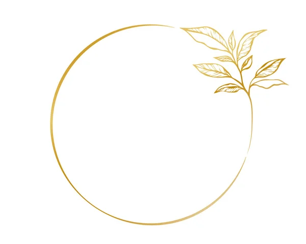 Botanical Golden Circle Frame Hand Drawn Line Border Leaves Flowers — Stock Vector