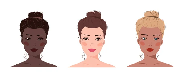 髪の束を持つ女性の肖像画のセット 肌の色の多様性について ベクトルフラットイラスト ソーシャルネットワークのためのアバター ベクトルフラットイラスト ウェブ デザイン 美しさ メイクアップ ソーシャルメディア — ストックベクタ