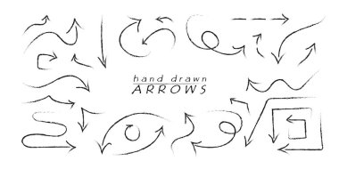 İzole edilmiş arka planda elle çizilmiş oklar. Dalgalı karışık oklar. Siyah beyaz çizim. Poster ve el ilanları, sunum, web, bilgi ve hikayeler için elementler