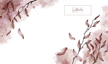 Soyut suluboya sonbahar, yaprakları ve dalları olan kırmızı, kahverengi arka plan. Reklam, sunum, tasarım, davet, sosyal medya, web, broşür, kart ve afiş için vektör illüstrasyonu