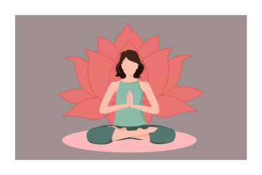 Meditasyon pozisyonunda oturan bir kadın. Kırmızı renklerde çakra meditasyonu. Vektör illüstrasyonu izole edildi. Budizm 'in gizemli motivasyonları. Ruhani, yoga, spor, sosyal medya, web ve tasarım için kullan.