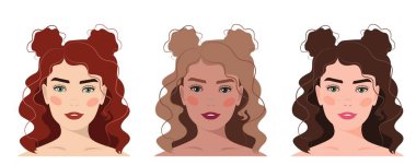 Saçları updo saçlı kadın portreleri. Ten renginin çeşitliliği. Vektör çizimi. Sosyal ağ için Avatar. Vektör düz illüstrasyon, ağ, tasarım, güzellik, makyaj ve sosyal medya.