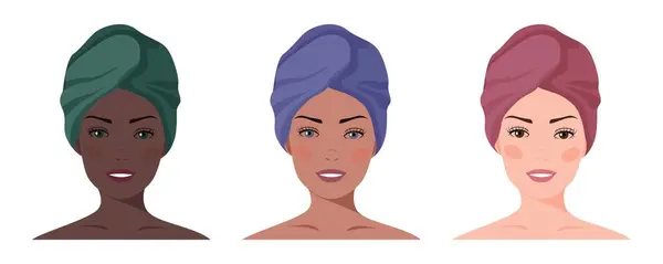 Ensemble Portraits Femmes Avec Des Cheveux Serviette Diversité Des Couleurs — Image vectorielle