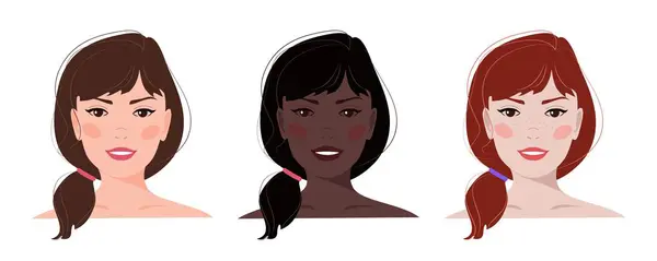 Lófarkas Hajú Nők Portréi Sokféle Bőrszín Vektor Illusztráció Avatár Egy — Stock Vector