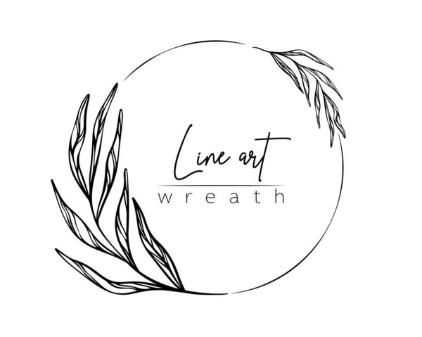 Botanical line illustration of leaves and branch wreath for wedding invitation and cards, logo design, web, social media and posters template. Elegant minimal style floral vector isolated.