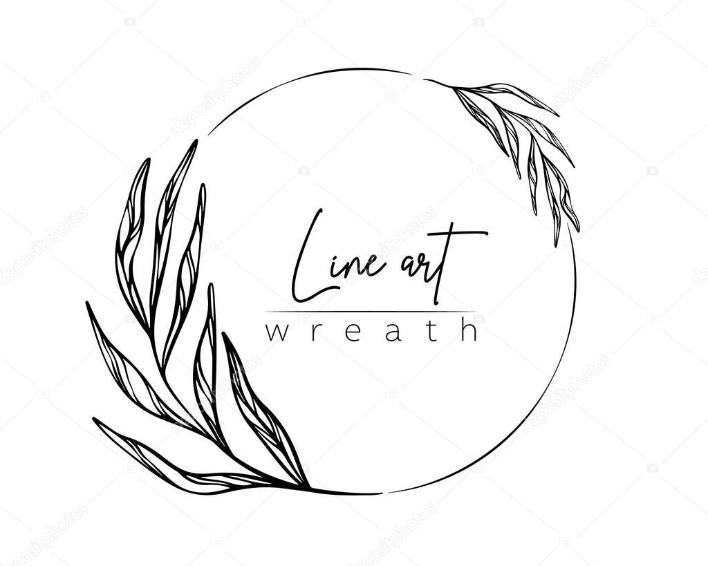 Botanical line illustration of leaves and branch wreath for wedding invitation and cards, logo design, web, social media and posters template. Elegant minimal style floral vector isolated.