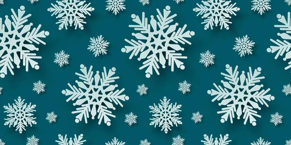 Kağıt kesiği olan kusursuz desenli kar taneleri. Sunum, bayrak, kapak, web, broşür, kart, satış, poster, slayt ve sosyal medya için üç boyutlu resimleme Noel tasarımı.