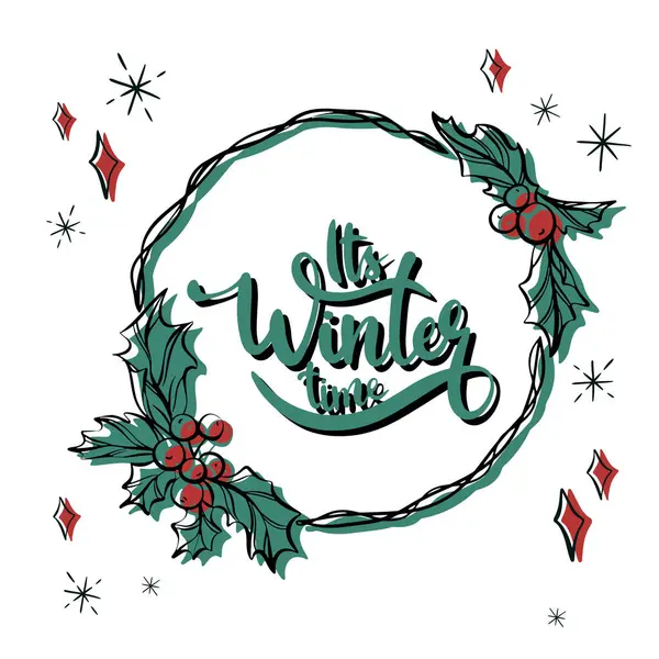 Kırmızı böğürtlenli, noktalı ve dal dallı kışın Noel çelengi. Vektör çizimi. Tatil davetiyesi için modern tasarım, poster, afiş, tebrik kartı, kartpostal, paketleme, yazdırma. 