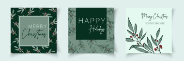 Sanat tarzında dalları olan bir dizi noel kartı şablonu. Botanik afiş çerçevesi. Satış, kart, sosyal medya, pankart, poster, el ilanı, web, slayt, sunum için düzenlenebilir vektör