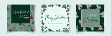 Sanat tarzında dalları olan bir dizi noel kartı şablonu. Botanik afiş çerçevesi. Satış, kart, sosyal medya, pankart, poster, el ilanı, web, slayt, sunum için düzenlenebilir vektör