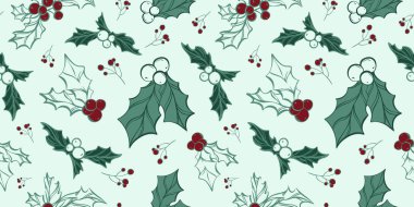 Elle çizilmiş noel yaprakları ve dallarıyla kusursuz bir desen. Xmas veya yeni yıl duvar kağıdı, ambalaj kağıdı, web siteleri, arkaplan, sosyal medya, blog, sunum ve tebrik kartları için mükemmel.