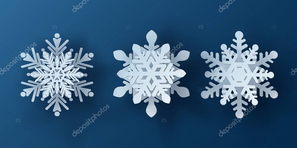 Vector set white christmas paper cut 3d snowflake with shadow on blue colored background. Winter design elements for presentation, banner, cover, web, flyer, card, sale, poster, slide and social media