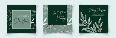Sanat tarzında dalları olan bir dizi noel kartı şablonu. Botanik afiş çerçevesi. Satış, kart, sosyal medya, pankart, poster, el ilanı, web, slayt, sunum için düzenlenebilir vektör .