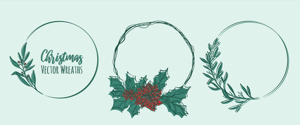 Set of christmas wreath with leaves, berries, poinsettia and branch twigs. Vector illustration. Modern design for Holidays invitation card, poster, banner, greeting card, postcard, packaging, print.