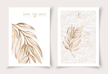 Altın çizgili sanat tarzında el çizimi çok az kart seti. Botanik yaprak çerçeve şablonu. Reklam, kapak, düğün davetiyesi, poster veya kaydet için düzenlenebilir vektör tasarım kartı.