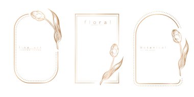 El çizimi laleler ile asgari doğrusal şablon dizisi. Zarif lale kenarı. Etiketler için çiçek vektör illüstrasyonu, kurumsal kimlik, düğün davetiyesi, logo, tarih kaydet.