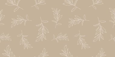 Elle çizilmiş yapraklar ve dallarla kusursuz desen. Duvar kağıdı, ambalaj kağıdı, tekstil ürünleri, baskı, web siteleri, arka plan, sosyal medya, blog, sunum ve tebrik kartları için mükemmel.