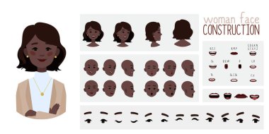 İş kadını avatarı animasyon için uygun. Jeneratör, farklı göz, dudak, duygu ifadeleri ağız animasyonu ve dudak senkronizasyonu yaratıcısı. Kız karakter inşaata bakıyor.