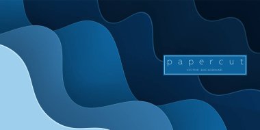 Kağıt koyu mavi arkaplanda derin mavi su dalgasını kesti. Lüks katmanlı okyanus dalgalarını kesin. Poster ve el ilanları, sunum, web, sosyal medya, tasarım ve afiş için 3B çerçeve simgesi.