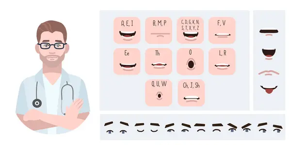 Tıp çalışanı doktor avatar animasyon için uygun. Jeneratör, farklı gözler, dudaklar, duygu ifadeleri ağız animasyonu ve dudak senkronizasyonu üreticisi. Erkek karakter yapı ile karşı karşıya.