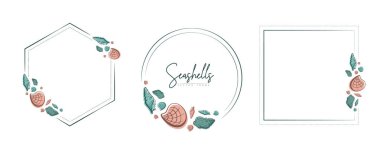 Kabuklu, baloncuklu, yosunlu ve mercanlı el çizgileri. Monogram, logo, davetiye, kartpostal ve daha fazlası için yaz çerçevesi. Klasik çelenk çizimi beyaz arkaplanda izole edildi.