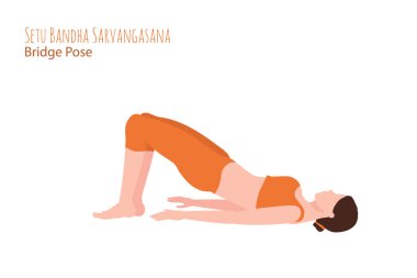 Yoga pozu vermiş turuncu elbiseli bir kadın. Kadın çizgi film karakteri, arka planda izole edilmiş çeşitli yoga pozisyonlarını gösteriyor. Ruhani, yoga, spor, sosyal medya için renkli düz illüstrasyon.