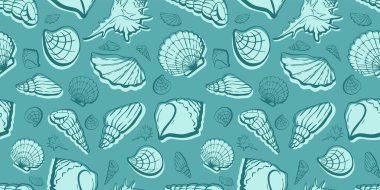 Kabuklu ve köpüklü kusursuz sualtı dünyası deseni. İstiridye döngüsü deseni kağıt, kumaş, tekstil, baskı, arkaplan, sınırlar, şablonlar, kartlar, sosyal medya ve web için kullanılabilir