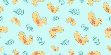 Kumaş, çizim etiketleri, tişört baskısı, çocuk odasının duvar kağıdı, tatil, tatil veya yaz tasarımı için mavi arka planda yaz elemanları olan kusursuz desen.