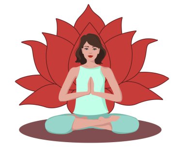 Kahverengi saçlı kadın arkasında bir çiçekle meditasyon yapıyor. Hafif arka planda izole edilmiş çeşitli meditasyon pozisyonlarını gösteren kadın çizgi film karakteri. Ruhani, yoga, spor, sosyal medya için renkli düz illüstrasyon.