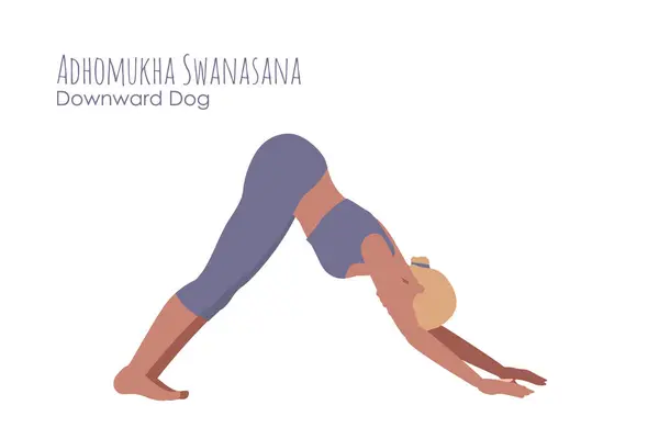 Violet lavanta kıyafetli, yoga pozunda sarışın bir kadın. Kadın çizgi film karakteri, arka planda izole edilmiş çeşitli yoga pozisyonlarını gösteriyor. Ruhani, yoga, spor, sosyal medya için renkli düz illüstrasyon.