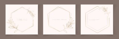 Altıgen çerçeve şablonları, el çizimi dallar ve yapraklar ile minimal doğrusal şekilde dizilmiştir. Zarif çokgen çerçeve. Etiketler için botanik vektör çizimi, şirket kimliği, düğün davetiyesi, logo, tarih kaydet.