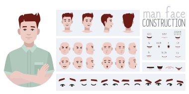 Animasyon için uygun bir iş adamı inşaatçısı. Farklı gözler, dudaklar, duygu ifadeleri ağız animasyonu ve dudak senkronizasyonu üreticisi. Genç adam yüzü ve üst vücut yapısı.