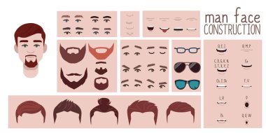 Erkek yüz yapıcı, erkek karakter avatarı saç stili, burun, kaşları ve dudakları olan gözler. İnşaat için yüz unsurları. Çizgi film seti canlandırma ve dudak senkronizasyonu konuşması için uygun.