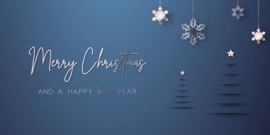 Kağıt kesiği elementli mutlu noel kartı afişi çerçevesi. Sunum, afiş, kapak, web, broşür, kart, satış, poster, slayt ve sosyal medya için mavi arkaplan üzerine 3B illüstrasyon.